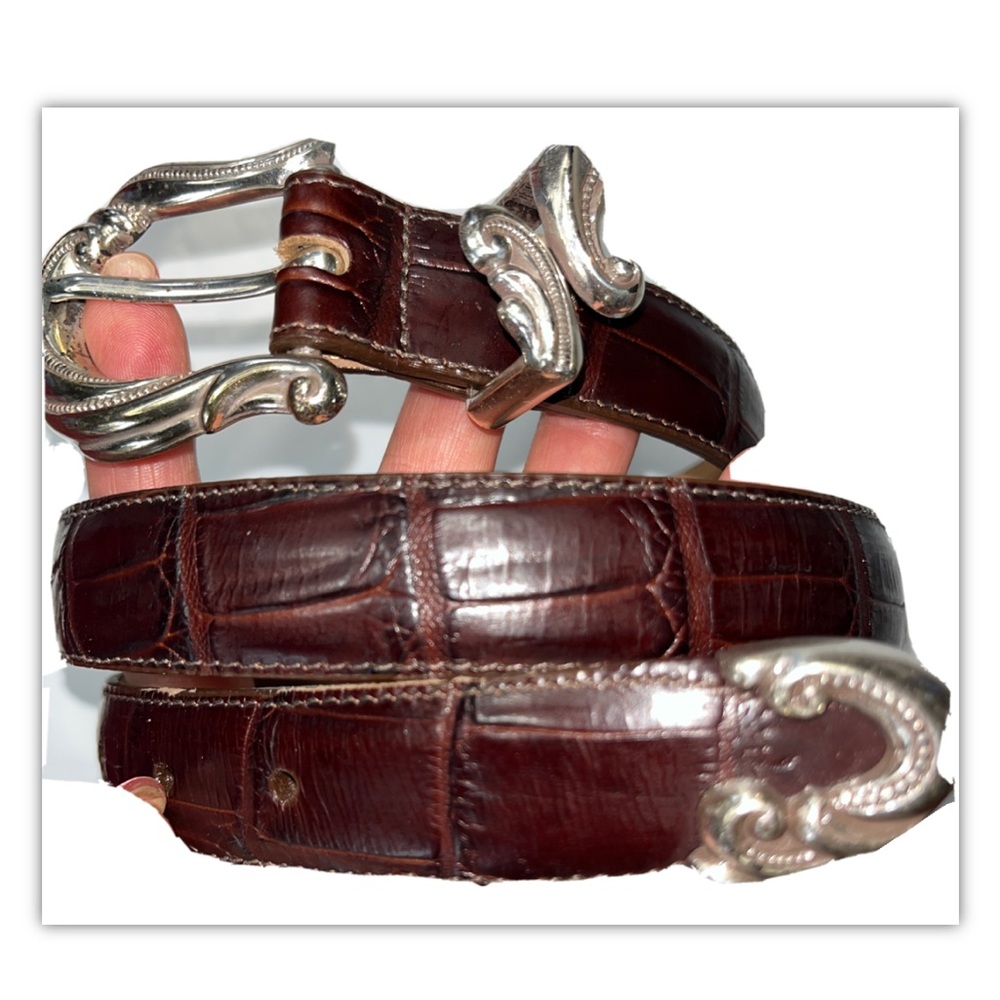 BROWN leather ALLIGATOR PRINT DRESSY BELT Silver ornate Buckle. western M 91017